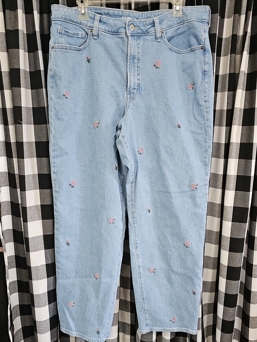 Old Navy Light Blue Wide-Leg Jeans with Pink Floral Embroidery